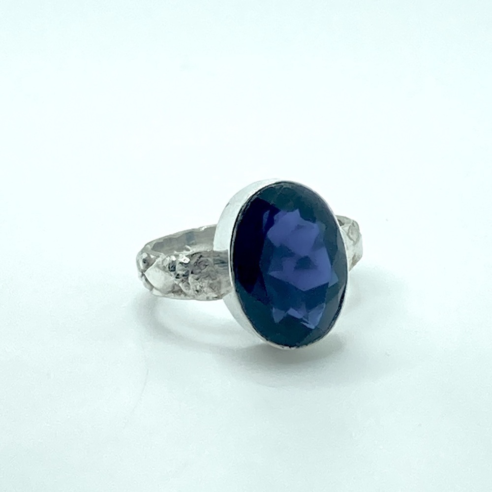 VTG Sterling & Facet Cut Oval Dark Blue Glass Stone Diamond Pattern Band Sz 6.75
